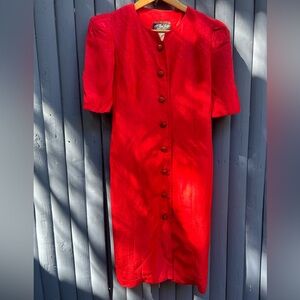 Vintage 80s Short Sleeve Red Secretary Midi Dress